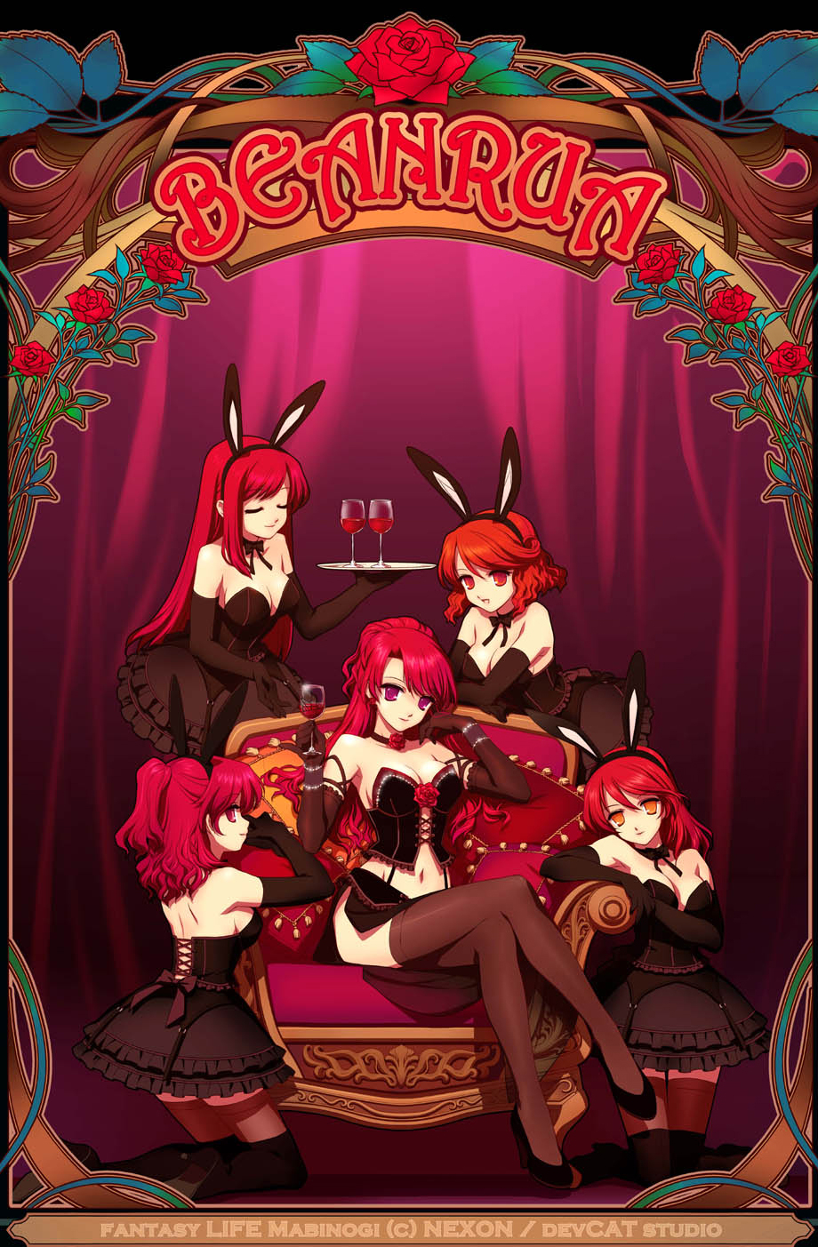 amber_eyes animal_ears boots bow breasts bunny_ears bunnygirl bunnysuit choker cleavage closed_eyes corset crossed_legs cuffs dress elbow_gloves flower game gloves heels highres knee_high_boots long_hair mabinogi multiple_girls orange_eyes pink_eyes pony_tail ponytail red_eyes red_hair redhead rose rua short_hair sitting stockings thigh_highs thighhighs usagimimi violet_eyes wine