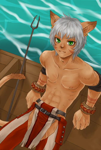 armband catboy cuffs fang ff11 ffxi final_fantasy final_fantasy_xi game green_eyes male mithra nekomimi pants short_hair tattoo white_hair