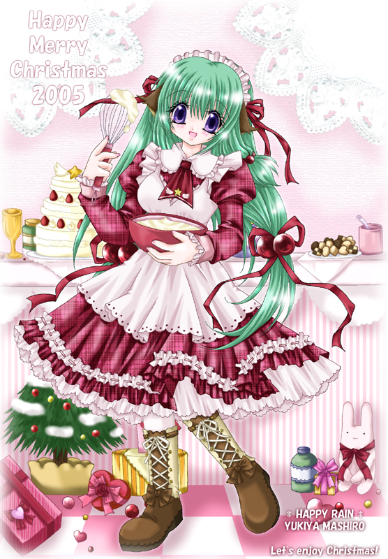 apron blush boots bow cake christmas dress green_hair happy_rain long_hair maid nekomimi ribbon twintails uniform violet_eyes yukiya_mashiro