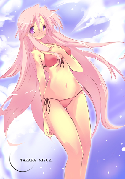 glasses long_hair lucky_star pink_hair purple_hair side-tie_panties swimsuit takara_miyuki