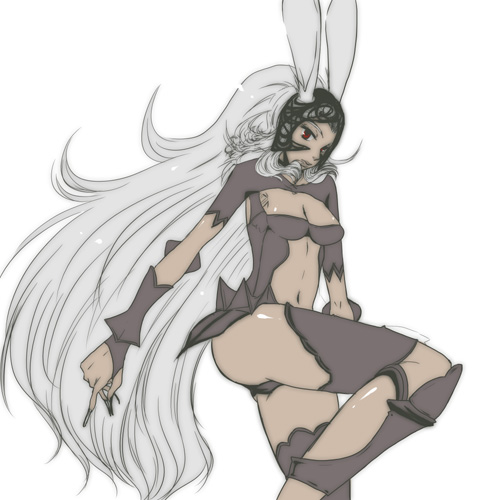 breasts bunny_girl bunnygirl cleavage ff12 ffxii final_fantasy final_fantasy_xii fran gloves helmet long_hair lowres red_eyes silver_hair solo thigh_highs thighs usagimimi viera white_hair