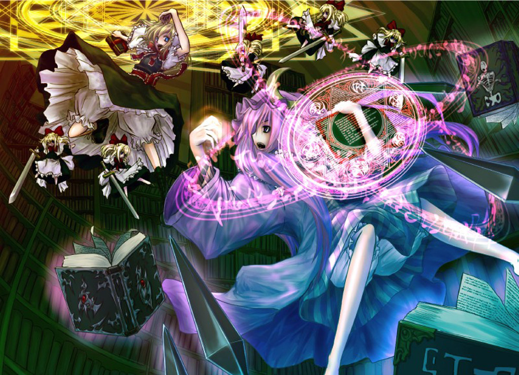 alice_margatroid battle beshi blonde_hair bloomers blue_eyes book bow crescent crystal doll dress flying frills hair_bow hair_ribbon hat hexagram library long_hair magic magic_circle necktie open_mouth patchouli_knowledge purple_eyes purple_hair ribbon shanghai_doll short_hair sword touhou voile weapon