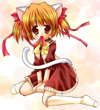 blonde_hair blush bow brown_eyes brown_hair dress knee_highs nekomimi ribbon short_hair twintails