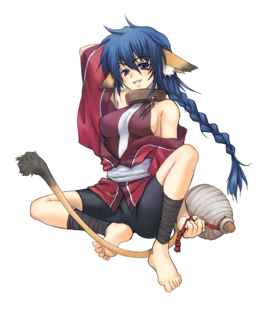 bandages bare_feet blue_eyes blue_hair braid catgirl chains collar karura karura_(utawareru_mono) long_hair nekomimi plait shorts the_one_being_sung utawareru_mono utawarerumono yukitsuki_hisa