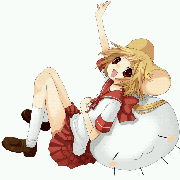 :3 animal_ears arm_up blonde_hair bow knee_highs kneehighs leaning_back long_hair mouse_ears mousegirl namori nezumimimi open_mouth original outstretched_arm pleated_skirt pony_tail raised_hand red_eyes school_uniform seifuku sitting skirt smile solo uniform white_legwear