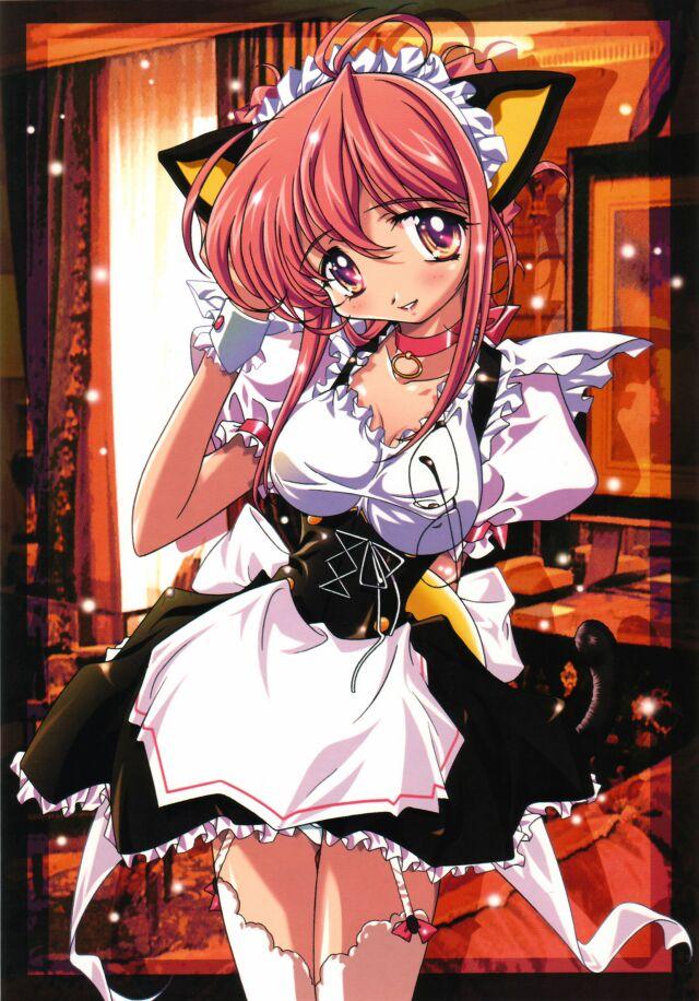 ahoge amber_eyes apron cuffs dress glasses maid nekomimi redhead stockings suspender_belt thigh_highs uniform violet_eyes