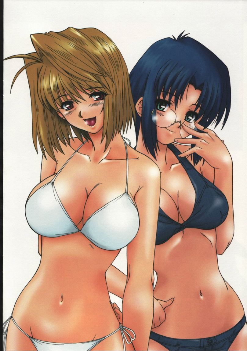 2girls ahoge arcueid_brunestud bikini blonde_hair blue_hair breasts ciel cleavage cute glasses green_eyes highres large_breasts multiple_girls red_eyes sexy shingetsutan_tsukihime short_hair swimsuit tsukihime type-moon type_moon