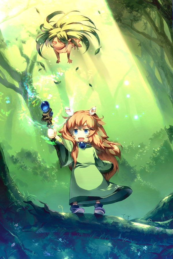 androgynous blue_eyes brown_hair dryad dryad_(seiken_densetsu) facepaint feathers forest green_hair hair_feathers long_hair nature open_mouth popoie red_hair seiken_densetsu seiken_densetsu_2 smile sunakumo wand