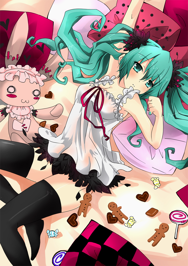 aqua_hair armpits arms_up candy cookie food gingerbread gingerbread_cookie hair_ribbon hatsune_miku heart killyoh lollipop long_hair lying on_back pillow ribbon skirt solo stuffed_animal stuffed_toy swirl_lollipop thigh-highs thighhighs twintails very_long_hair vocaloid world_is_mine_(vocaloid) zettai_ryouiki
