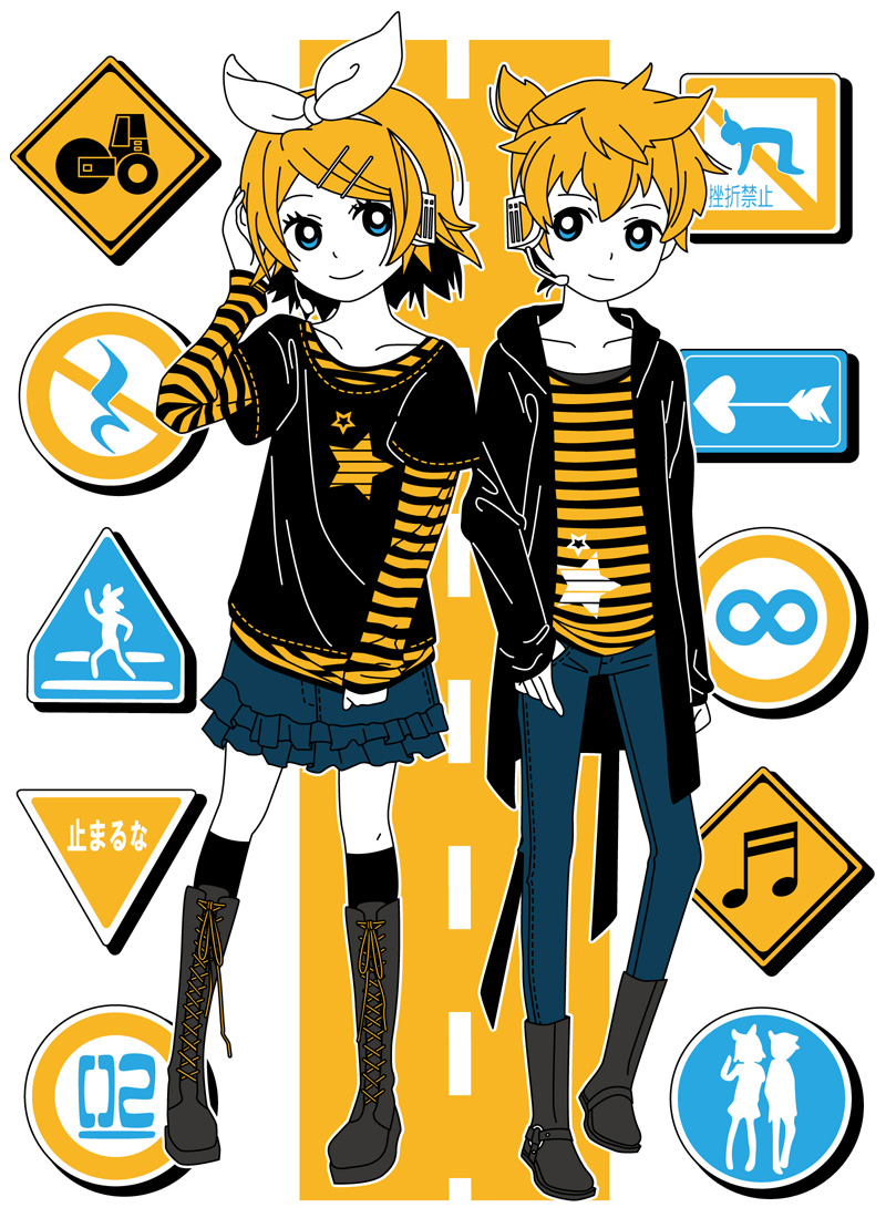 blue_eyes boots brother_and_sister infinity kagamine_len kagamine_rin m-minato pants ribbon road_sign siblings sign skirt smile thighhighs twins vocaloid