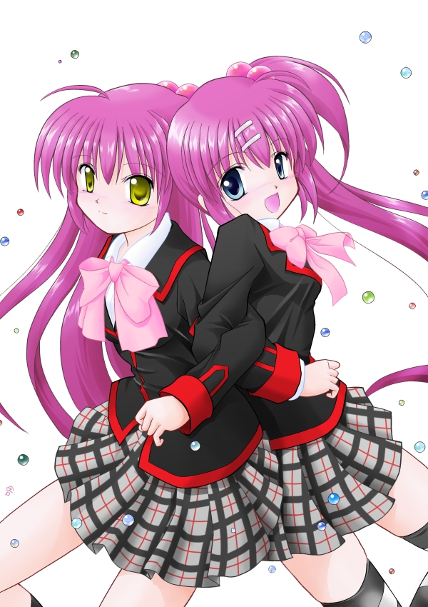 back-to-back back_to_back blue_eyes futaki_kanata little_busters! little_busters!! long_hair marble multiple_girls purple_hair saigusa_haruka sasaka_yayoi school_uniform side_ponytail thighhighs yellow_eyes