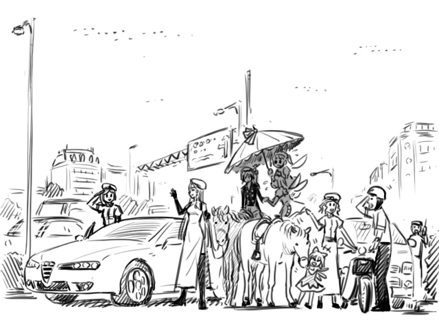 alternate_costume bow car china_dress chinadress chinese_clothes cirno contemporary flandre_scarlet gensokoumuten gensoukoumuten hair_bow hat hong_meiling horse long_hair monochrome motor_vehicle ponytail short_hair side_ponytail touhou umbrella vehicle wings