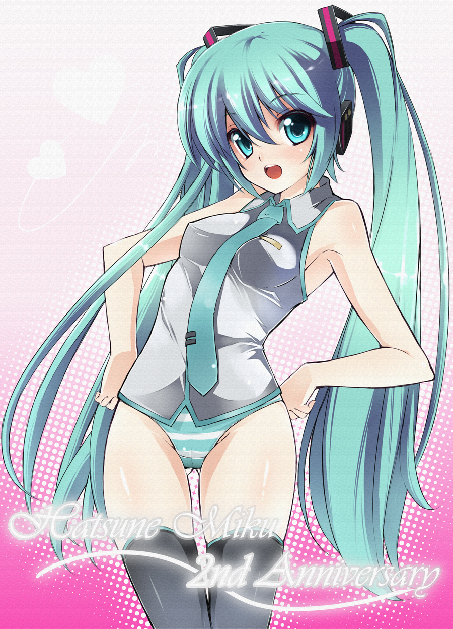 aqua_hair armpits hands_on_hips hatsune_miku highres kousou long_hair necktie no_pants panties smile striped striped_panties thigh-highs thighhighs thighs twintails underwear vocaloid