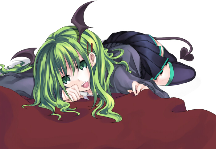 bad_id bat_wings demon_girl demon_tail earrings green_eyes green_hair hair_ornament hairclip hanasaki_mahiru hatsune_miku head_wings jewelry long_hair lying on_stomach skirt smile solo sweater tail thigh-highs thighhighs vocaloid wings zettai_ryouiki