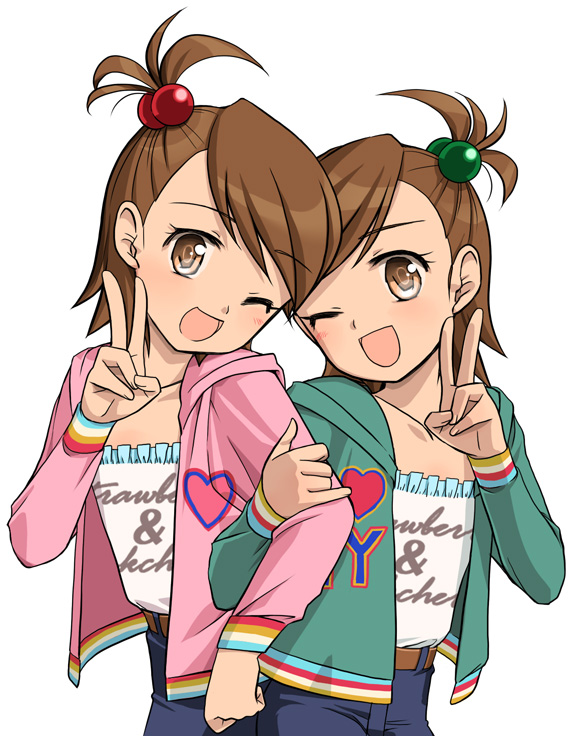 brown_hair flat_chest futami_ami futami_mami hoodie idolmaster shimamura_miwa short_hair siblings side_ponytail sisters twins v wink