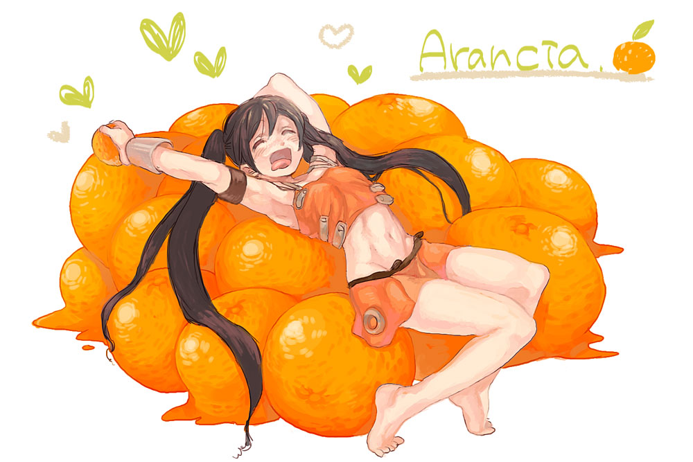 armpits barefoot blush brown_hair closed_eyes feet food fruit legs nitako open_mouth orange original stretch tongue yawn yawning