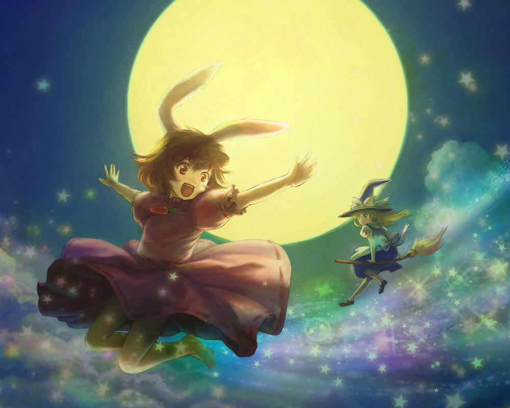 atsuko_k barefoot blonde_hair broom broom_riding brown_hair bunny_ears full_moon happy hat inaba_tewi jumping kirisame_marisa long_hair moon open_mouth outstretched_arms rabbit_ears red_eyes short_hair sky smile spread_arms star star_(sky) starry_sky touhou witch_hat