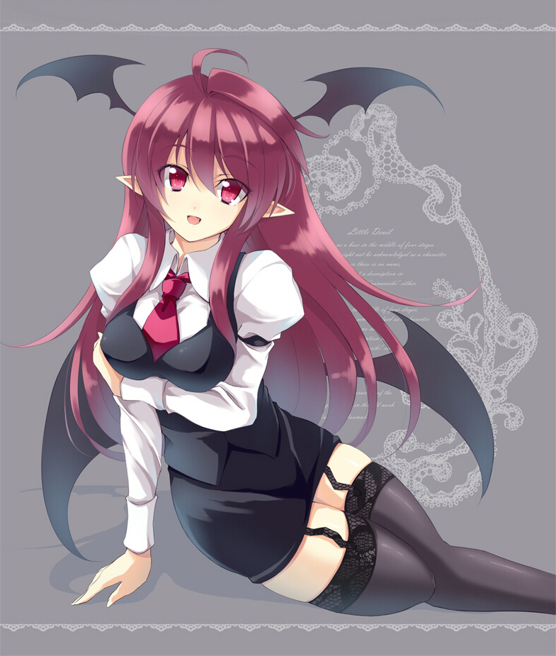 ahoge arm_garter bat_wings breast_hold breasts demon_girl dress_shirt english fang garter_belt garter_straps garters head_wings headwings koakuma long_sleeves necktie open_mouth pointy_ears red_hair redhead shirt skirt skirt_set smile solo thigh-highs thighhighs tooya touhou touya_(the-moon) vest wings zettai_ryouiki