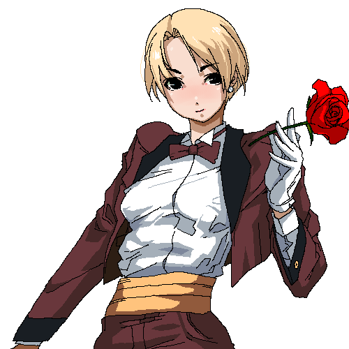 blonde_hair bowtie chiisan earrings flower formal gloves jewelry king_(snk) king_of_fighters lowres pant_suit reverse_trap rose short_hair simple_background solo suit tuxedo white_background white_gloves