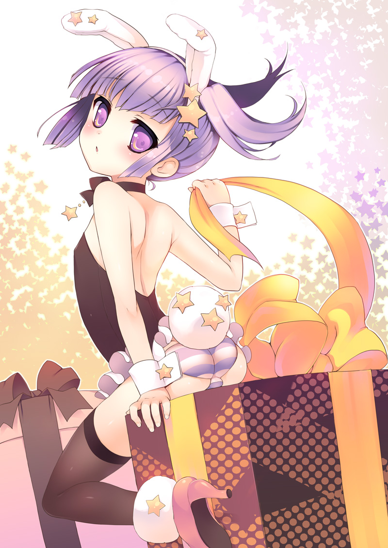 animal_ears bad_id bowtie bulge bunny_ears bunny_tail crossdressing crossdressinging high_heels looking_back male nemunemu_(shuumatsu_shorijou) original panties purple_eyes purple_hair rabbit_ears ribbon shoes solo star striped striped_panties syumatsusyorijou tail thigh-highs thighhighs trap underwear violet_eyes wristband