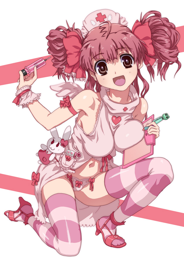 bow breast_press breasts clipboard doll hair_bow heart high_heels hirose_(mokiki) large_breasts long_hair nurse original panties red_hair redhead shoes solo striped striped_legwear striped_thighhighs stuffed_animal stuffed_toy syringe thigh-highs thighhighs underwear wings