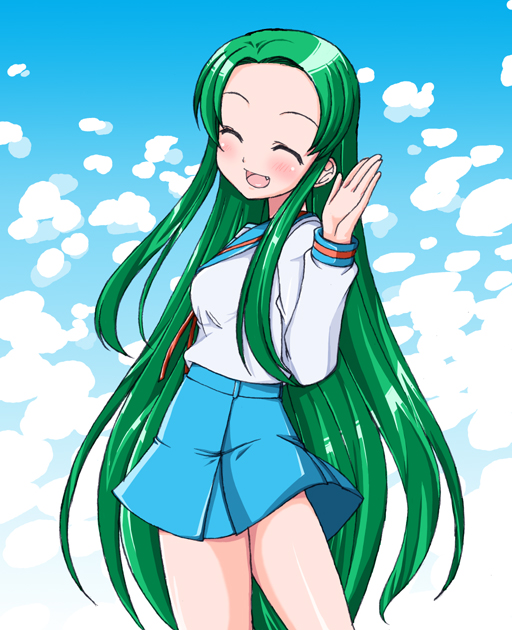 fang green_hair kisaragi_yuki long_hair looking_back school_uniform suzumiya_haruhi_no_yuuutsu tsuruya very_long_hair waving