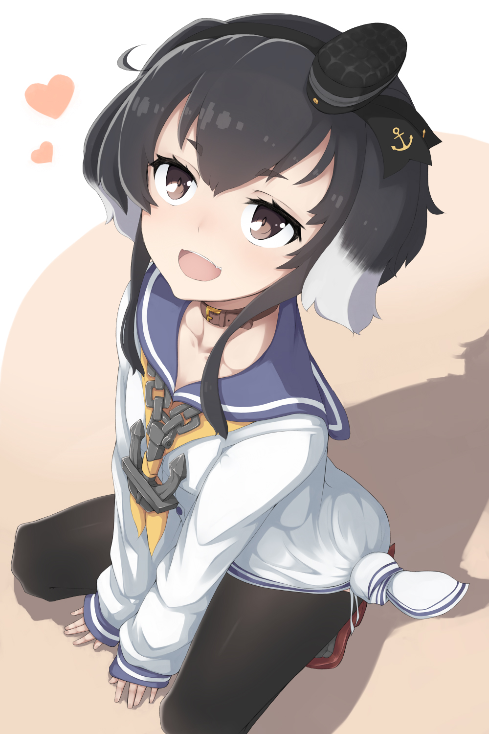 :d anchor anchor_symbol arm_support black_hair black_legwear brown_eyes collar dog_collar dress from_above gradient_hair headgear heart highres kantai_collection looking_at_viewer looking_up mku multicolored_hair neckerchief open_mouth sailor_collar sailor_dress shadow short_hair short_hair_with_long_locks sleeves_past_wrists smile squatting thigh-highs tied_shirt tokitsukaze_(kantai_collection) white_dress