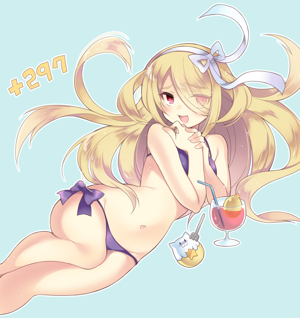 1girl :d adapted_costume bikini blonde_hair blue_background blush bow drink drinking_straw eyes_visible_through_hair fork gold_egg_(p&amp;d) hair_ribbon hairband hands_together kaki_s long_hair lying navel on_side open_mouth outline pandora_(p&amp;d) purple_bikini purple_bow puzzle_&amp;_dragons red_eyes ribbon side-tie_bikini simple_background smile solo star swimsuit tamadra white_ribbon