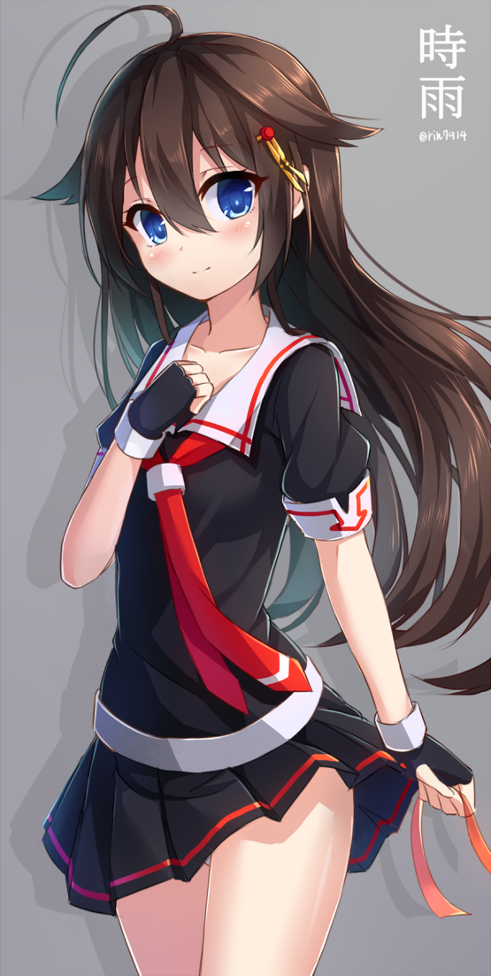 1girl ahoge blue_eyes blush brown_hair character_name cowboy_shot fingerless_gloves gloves hair_flaps hair_ornament hand_on_own_chest kantai_collection light_smile long_hair nikkunemu panties pantyshot pantyshot_(standing) school_uniform serafuku shigure_(kantai_collection) short_sleeves skirt solo standing twitter_username underwear