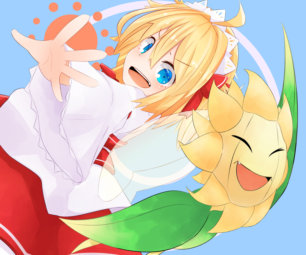 1girl :d ahoge amakoke blonde_hair blue_eyes crossover fairy_wings hairband lolita_hairband looking_at_viewer open_mouth outstretched_arms pokemon pokemon_(creature) smile spread_arms sunflora sunny_milk touhou wings