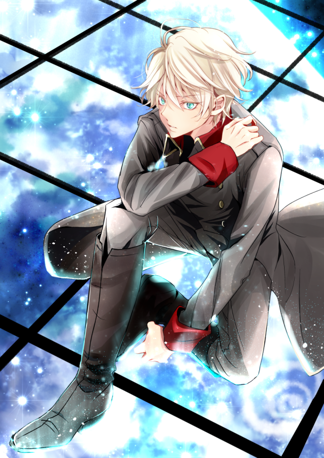 1boy aldnoah.zero boots gloves green_eyes holding_shoulder military military_uniform r_u_n_a silver_hair slaine_troyard uniform