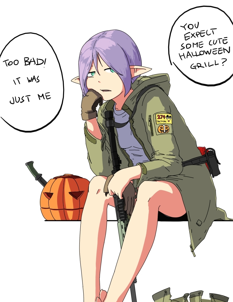 1girl aqua_eyes assault_rifle bare_legs between_legs brown_gloves elf english gloves gun halloween hood isagocha jack-o'-lantern jacket knife long_sleeves lr-300 military military_uniform open_mouth original pointy_ears purple_hair rifle shirt short_hair simple_background sitting solo too_bad!_it_was_just_me! uniform weapon white_background white_shirt