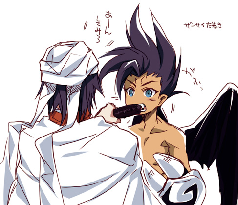 2boys bare_chest black_hair blue_eyes dark_skin fang feeding hat houshin_engi ki_hatsu lowres makizushi male_focus multiple_boys open_mouth pointy_ears raishinshi shirtless short_hair sushi turban utsugi_(skydream) wings