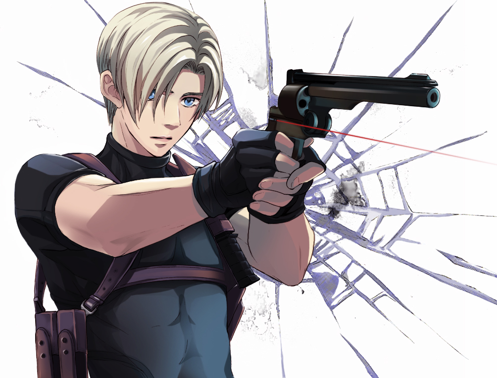 1boy armpit_holster belt blonde_hair blue_eyes broken_glass chiya_(sere1) curtained_hair fingerless_gloves glass gloves gun holster laser_sight leon_s_kennedy resident_evil resident_evil_4 solo weapon