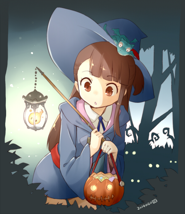 1girl akko_kagari brown_eyes brown_hair chestnut_mouth dated halloween hat jack-o'-lantern little_witch_academia long_hair nagian solo witch witch_hat