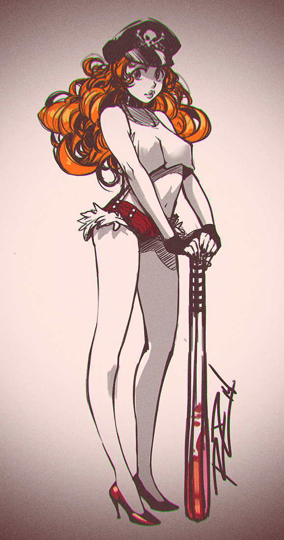 1girl baseball_bat blood bloody_weapon breasts crop_top final_fight fingerless_gloves full_body gloves hat high_heels long_hair long_legs orange_hair peaked_cap planted_weapon red_shoes robert_porter roxy shoes short_shorts shorts solo standing stiletto_heels tank_top weapon