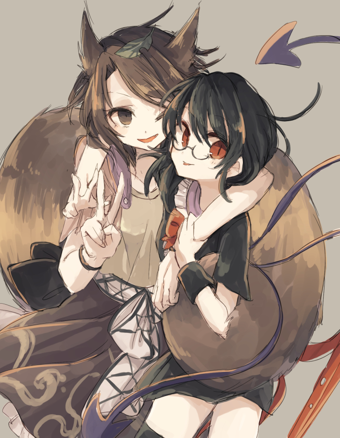 2girls animal_ears asymmetrical_wings bespectacled black_hair black_legwear brown_eyes brown_hair dress futatsuiwa_mamizou glasses glasses_removed hand_on_another's_shoulder hisona_(suaritesumi) houjuu_nue leaf leaf_on_head multiple_girls open_mouth pince-nez raccoon_ears raccoon_tail red_eyes short_hair sketch skirt smile tail thigh-highs tongue tongue_out touhou v wings