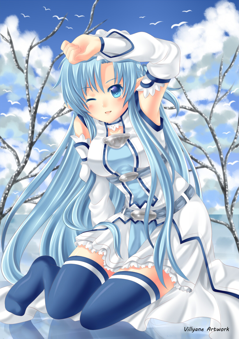 1girl ;d asuna_(sao-alo) blue_eyes blue_hair blue_legwear detached_sleeves long_hair looking_at_viewer no_shoes one_eye_closed open_mouth pointy_ears reflection sitting sky smile solo sword_art_online thigh-highs villyane zettai_ryouiki