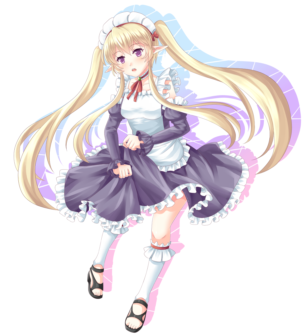 1girl alternate_eye_color alternate_hair_color blonde_hair detached_sleeves long_hair looking_at_viewer maid maid_headdress myucel_foalan open_mouth outbreak_company pointy_ears skirt skirt_lift solo twintails villyane violet_eyes white_legwear