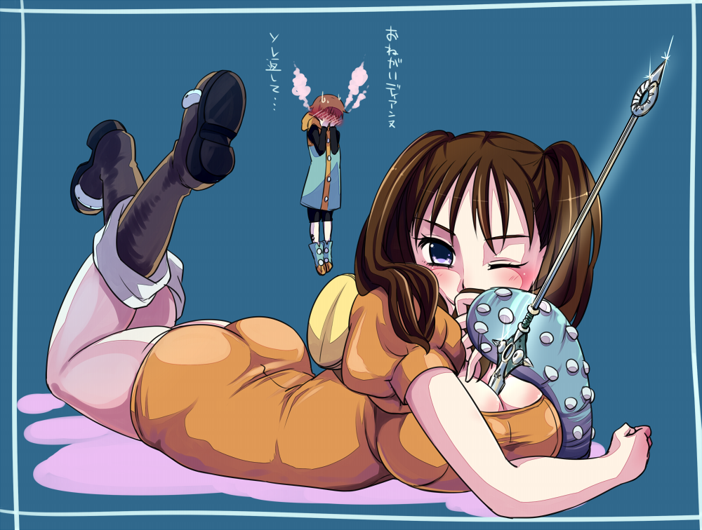 1boy 1girl ass between_breasts blush bodysuit boots breasts brown_hair cleavage covering_face diane_(nanatsu_no_taizai) giantess gloves king_(nanatsu_no_taizai) long_hair nanatsu_no_taizai pantyhose polearm sekaiisan short_hair smile translation_request twintails violet_eyes weapon
