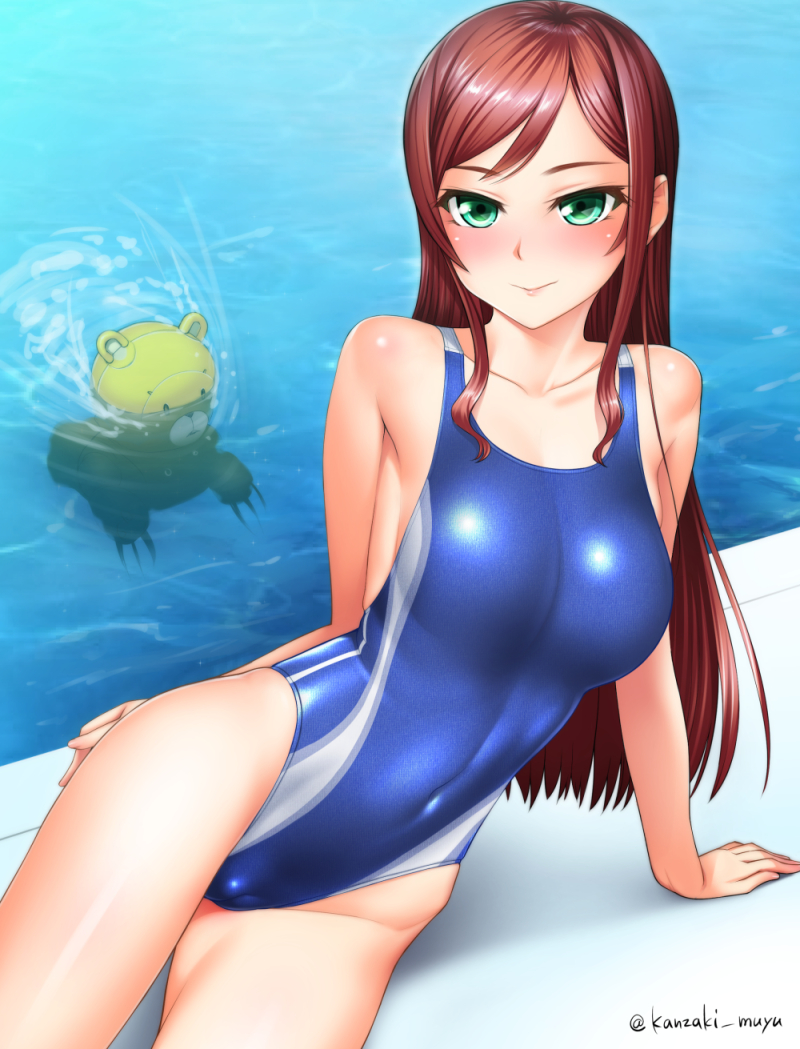 1girl arm_support bare_shoulders blush breasts competition_swimsuit green_eyes gundam gundam_build_fighters gundam_build_fighters_try kamiki_mirai kanzaki_muyu large_breasts long_hair one-piece_swimsuit pool redhead sitting smile solo swimsuit