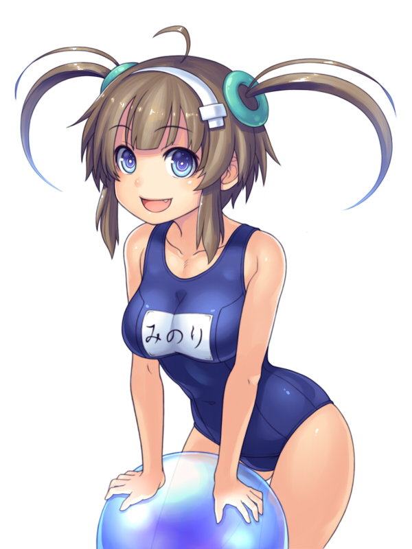 1girl :d ahoge arm_support ball beachball blue_eyes breasts brown_hair collarbone fang hairband katagiri_(a1466502) minori_(senran_kagura) open_mouth payot school_swimsuit senran_kagura senran_kagura_(series) short_hair smile solo swimsuit twintails white_background