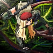 1girl backpack bag beret blonde_hair blue_eyes camouflage coh gloves green_legwear gun hat jacket knife long_sleeves lowres military military_uniform mouth_hold nature original solo thigh-highs uniform weapon