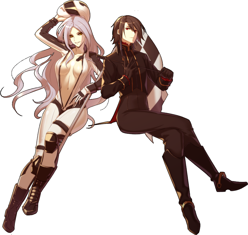 1boy 1girl belinda black_hair bodysuit boots breasts cape cleavage gloves ktsis large_breasts long_hair marseus open_clothes red_eyes riding_crop short_hair sitting smile unlight yellow_eyes
