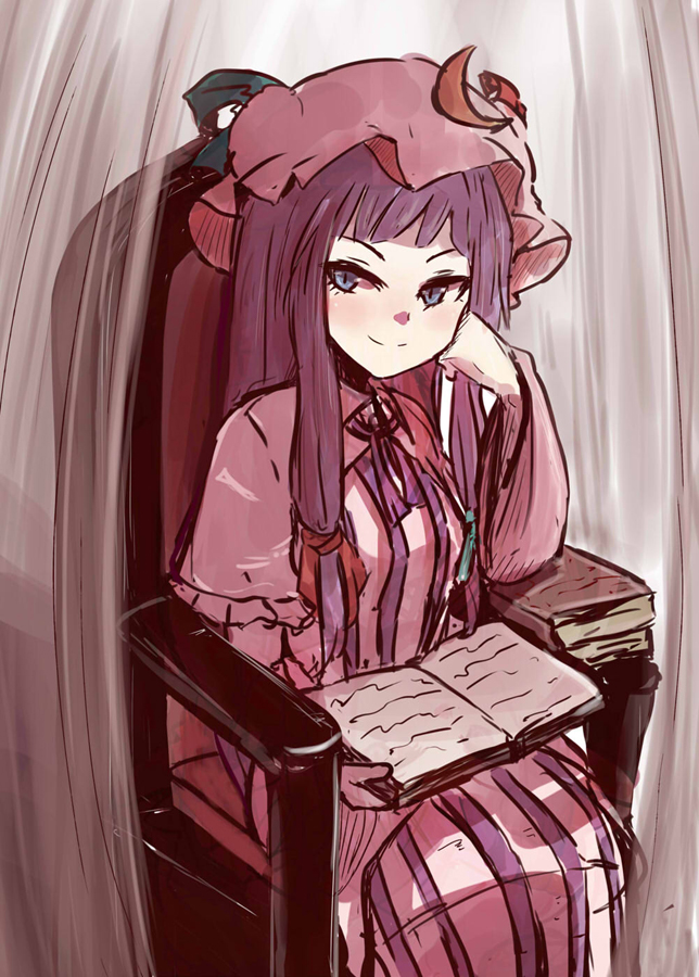 1girl book bow crescent_hair_ornament elbow_rest hair_bow hair_ornament hat long_hair ne_kuro patchouli_knowledge purple_hair solo touhou very_long_hair violet_eyes