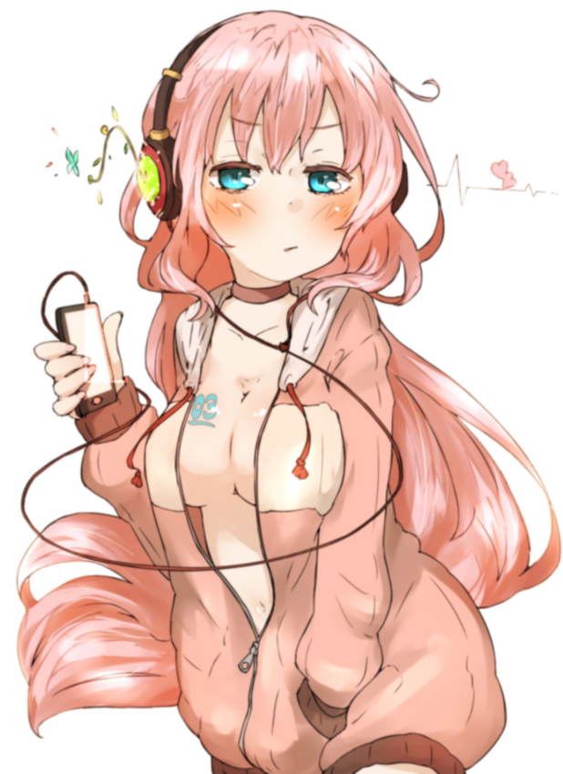 1girl amonitto aqua_eyes blush breasts cardigan choker cleavage collarbone headphones large_breasts long_hair long_sleeves looking_at_viewer media_player megurine_luka naked_cardigan navel no_bra open_cardigan open_clothes pink_hair solo unzipped very_long_hair vocaloid zipper