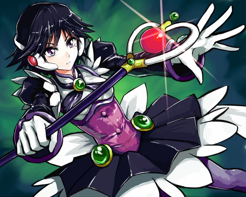 1girl black_hair corrector_yui expressionless fushoku gem gloves green_background magical_girl pantyhose purple_legwear shinozaki_ai short_hair skirt solo staff violet_eyes