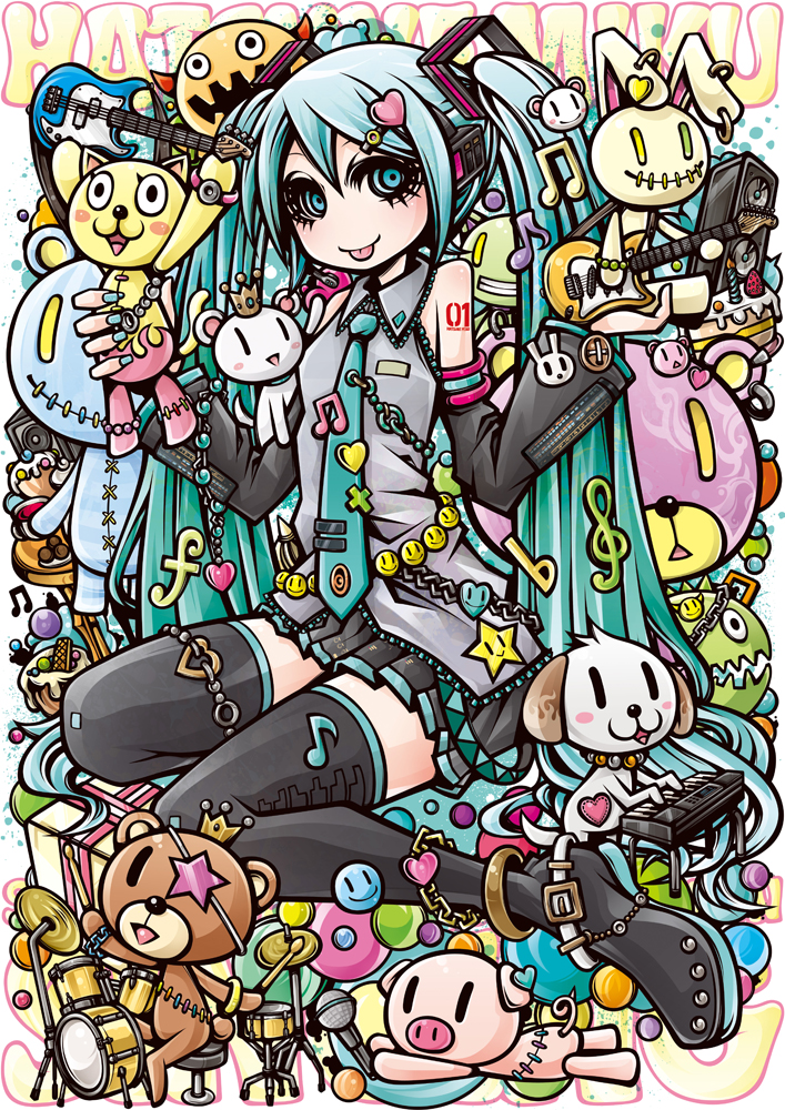 1girl anklet aqua_eyes aqua_hair aqua_nails beamed_quavers cake chain character_name crown detached_sleeves dog drum drum_set eyepatch food guitar hair_ornament hatsune_miku heart instrument jewelry keyboard_(instrument) long_hair microphone musical_note nail_polish necktie pig pleated_skirt project.c.k. quaver rabbit sitting skirt smiley_face solo star stuffed_animal stuffed_toy teddy_bear thigh-highs tongue tongue_out treble_clef twintails very_long_hair vocaloid wariza zettai_ryouiki