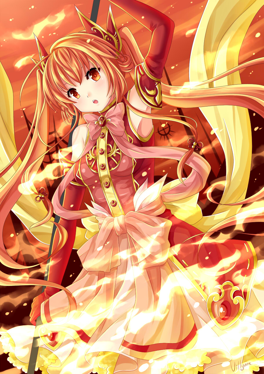 1girl detached_sleeves dutch_angle fire hair_ornament highres holding long_hair looking_at_viewer open_mouth original red_eyes redhead solo staff twintails villyane