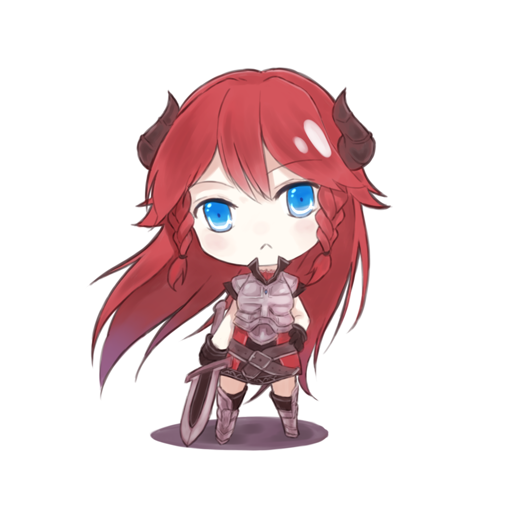 1girl armor blue_eyes borrowed_character chibi erica_(acerailgun) full_body gloves greaves hand_on_hip horns long_hair original payot redhead shadow shadow2810 simple_background solo sword transparent_background very_long_hair weapon